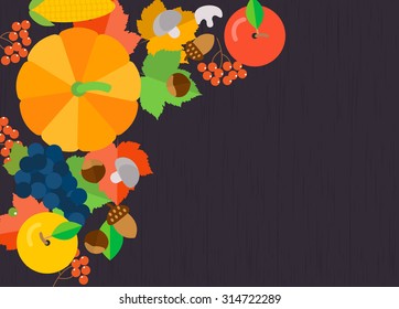 Autumn background with maple leaves, pumpkin, apples and nuts on wooden table background, vector illustration. Top view