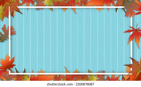 Autumn background with maples leaves on blue wood panel texture,Vector illustration Fall season horizon banner backdrop for Thanksgiving card, Sale or Promotion