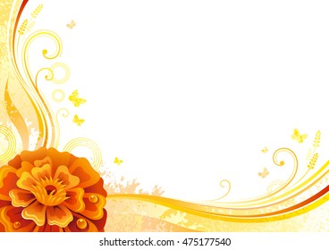 Autumn background with marigold flower, falling leaves, butterflies, abstract wave lines, swirls, grunge pattern, copy space for text. Elegant modern seasonal vector illustration.
