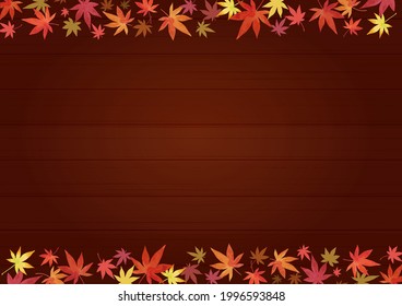 Autumn background. material Wood grain and autumn leaves (lateral length)