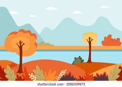 Autumn background. Mountains and river. Autumn trees and leaves, mushrooms. Autumn Wallpapers. Banner. Vector