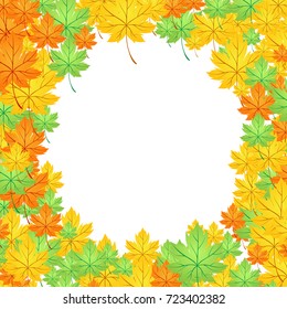 Autumn background with multi-colored maple leaves and round zone for text.
