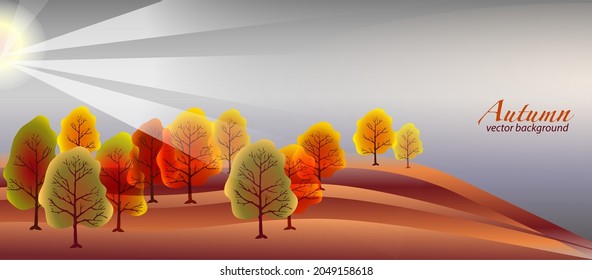 Herbsthintergrund mit mehrfarbigen stylierten Bäumen und Sonne