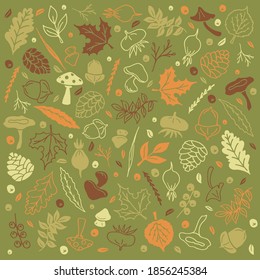 Autumn background with mushrooms, berries and leaves