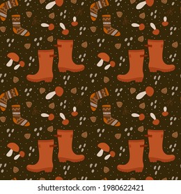 Autumn background with mushrooms and foliage. Vector pattern cozy November background with doodles. A beautiful poster or background for autumn designs. Vector illustration