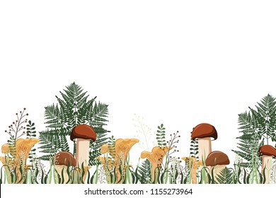 Autumn background with mushrooms and herbs. Vector illustration. Grass and mushroom border.