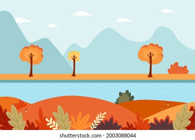 Autumn background. Autumn nature. Mountains and autumn trees. Vector graphics