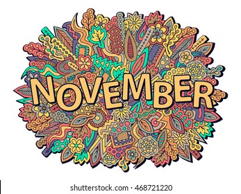 Autumn background. November wallpaper. Fall theme doodles. Ethnic zentangle ornament. Pencil effect trendy doodles. Vector illustration for web design or printed products.