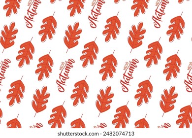  Autumn background. Oak Leaf with hello autumn text. Seamless Leaf pattern in orange color. Vector illustration in doodle style. Repeated Vector repeated background for wallpaper, wrapping, textile
