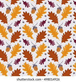 Autumn background with oak leaves and acorns. Hand drawn vector illustration