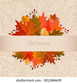 Autumn background with , oak and  leaves. Texture. Fall leaf frame. Bright banner, poster, cover design template, social media wallpaper story, autumn sale. Vector illustration.