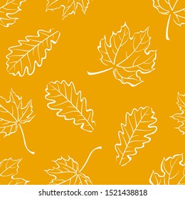 Autumn background. Oak and maple leaf drawn in white lines on orange background seamless pattern. Simple vector illustration of falling leaves. Monochrome image