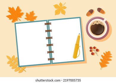 Autumn background with open empty pages of notebook, coffee, leaves and pen