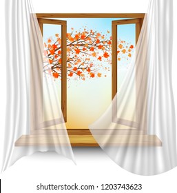 Autumn background with open window and colorful leaves. Vector