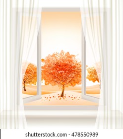 Autumn background with an open window and colorful trees. Vector.