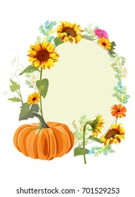 Autumn background: orange pumpkin, yellow sunflowers, gerbera daisy flower, small green twigs of Asparagus. Digital draw, illustration in watercolor style, mock-up, template, floral frame, vector