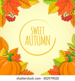 Autumn background. Orange yellow fall leaves and text.