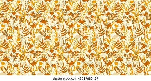 Fondo de otoño con hojas naranjas y amarillas. Patrón sin fisuras con siluetas de hojas simples. Decoración de Vector para otoño, Acción de Gracias y diseño del Día de la Cosecha.