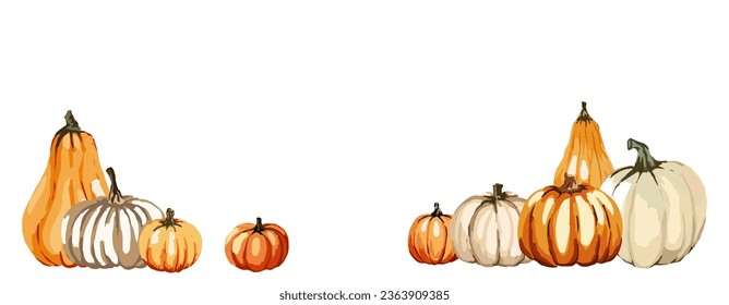 Autumn background with orange, yellow and white pumpkins. Place for text. Vector illustration.