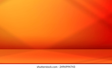 Autumn Background with Orange,Red Color.Studio Room with Shadow on Wall and Floor.Empty Podium Display for Product Present.Vector Hot Orange Gradient with Sunlight on 3d Stand for Summer sale