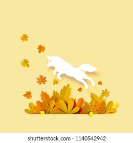 Autumn background with paper art dog design vector and illustration