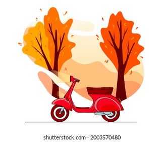 Autumn background. Autumn park trees, red scooter. Cartoon style. Vector illustration for design and decoration.