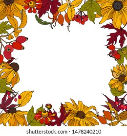 Autumn background, pattern for designers with autumn leaves and flowers, rose hips and viburnum berries, vector illustration