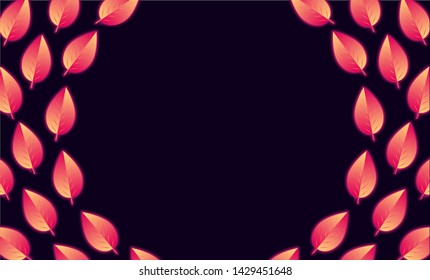 Autumn background with pink-yellow leaves with outer glow. Simple dark purple backdrop with movement illusion. Circular copy space for text.