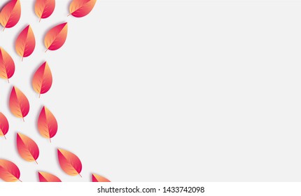 Autumn background with pink-yellow leaves with shadows. Simple gray backdrop with movement illusion. Circular copy space for text.