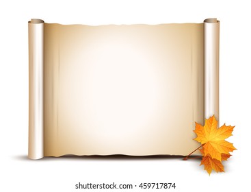 Autumn background with place for text. Old scroll and autumn yellow leaves isolated on white background. Vector illustration.