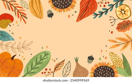 Autumn background place for text. Orange, yellow, red and green leaves and foliage, acorn, apple and pumpkin. Fall season elements. Template for poster or banner. Flat vector illustration