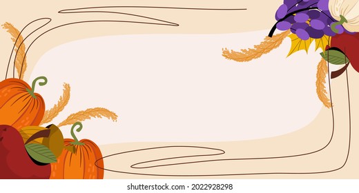 Autumn background with a place for text, vegetables, pumpkins, apple and acorn, grapes. Autumn banner, a template for invitations. Vector illustration.