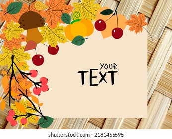 autumn background, postcard, poster with maple, cherry, mushroom, pumpkin leaf elements