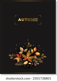 Lujosa Plantilla de otoño con hojas de otoño en el estilo de tonos planos y medios sobre un fondo negro con reflejos dorados.