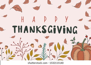 Autumn background with pumpkin, leaves with acorns. vector color illustration. Happy thanksgiving