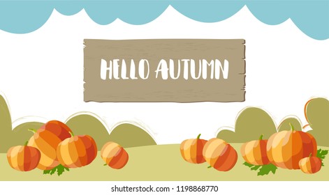 Autumn background, pumpkin on the field, design for fall season sale banner, poster or thanksgiving day greeting card, festival invitation, paper cut out art style, vector illustration