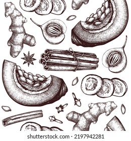 Autumn background with pumpkin spices sketches. Pumpkin cake ingredients seamless pattern. Anise star, ginger, cinnamon, nutmeg, cloves backdrop in color. Traditional fall food illustration