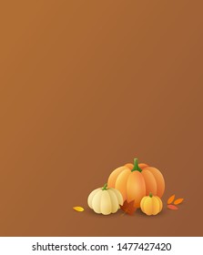 Autumn background with pumpkins and fallen leaves on brown background for Thanksgiving day. - Vector illustration