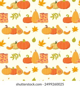 Autumn background with pumpkins and leaves