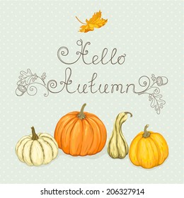Autumn  background with pumpkins and maple leaf.