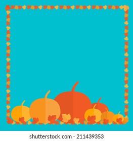Autumn background with  pumpkins and maple leaves in flat style, vector illustration