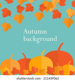 Autumn background with  pumpkins and maple leaves in flat style, vector illustration