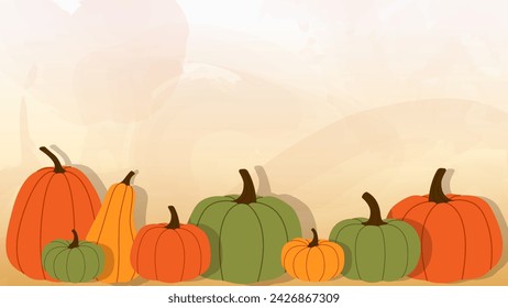 Autumn background with pumpkins. Vector banner with autumn illustrations in orange colors. Colorful nature illustration for Thanksgiving and Halloween. Perfect for header, banner, web, and cards.