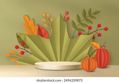 Fondo de otoño con podio realista del producto del cilindro 3d y hojas cortadas de papel, bayas y calabazas en la habitación del estudio. Plantas de temporada de otoño verdes, naranjas y amarillas con plataforma de exhibición de mercancías.