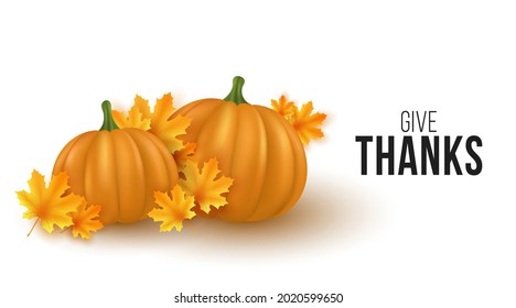 Herbsthintergrund mit realistischen 3D-Kürbissen und Ahornblättern einzeln auf weißem Hintergrund. Deckblatt für Thanksgiving oder Halloween. Frisches Gemüse. Vektorgrafik. EPS10