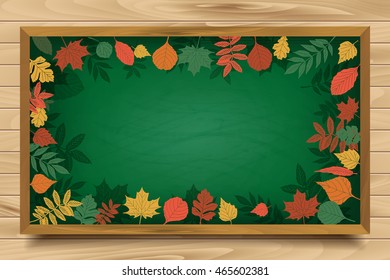 Autumn background with realistic autumn maple leaves on blackboard. Vector back to school chalkboard banner