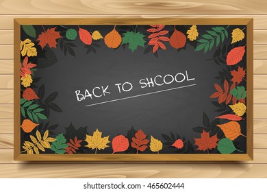 Autumn background with realistic autumn maple leaves on blackboard. Vector back to school chalkboard banner