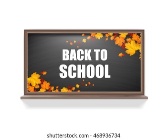 Autumn background with realistic autumn maple leaves on blackboard. Vector back to school chalkboard banner


