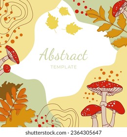 Autumn background with red fly agaric mushrooms and leaves. Editable vector for social media post, card, cover, banner, invitation, poster, mobile apps.