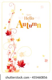 Autumn background with red, orange falling maple leafs, yellow butterflies, abstract wave lines, swirls and copy space for text. Seasonal vector illustration.